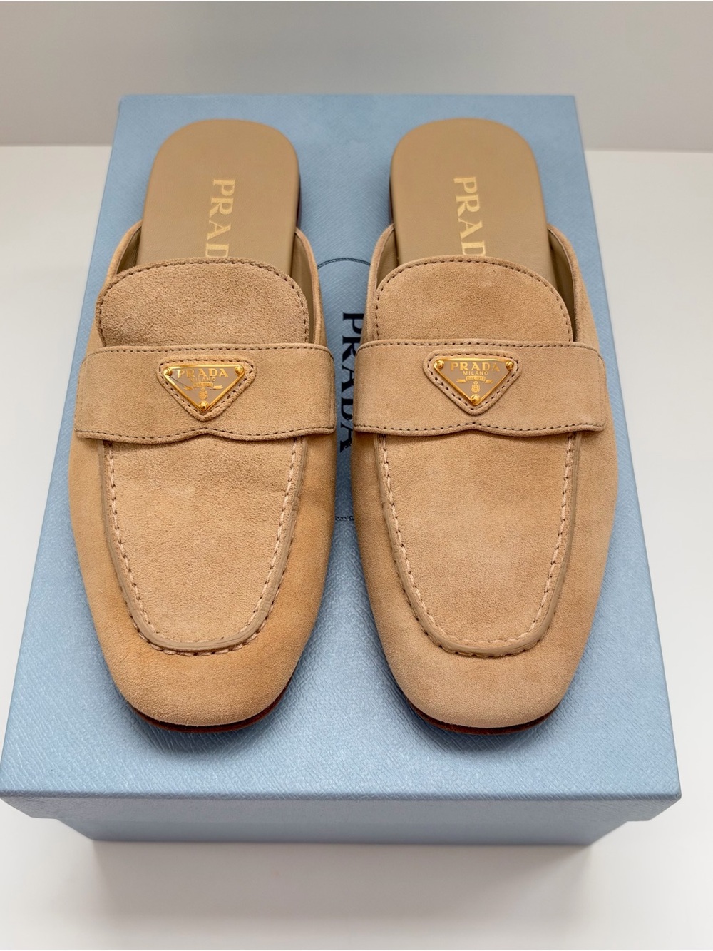 Prada Logo Loafer Mule in Ecru Beige Suede